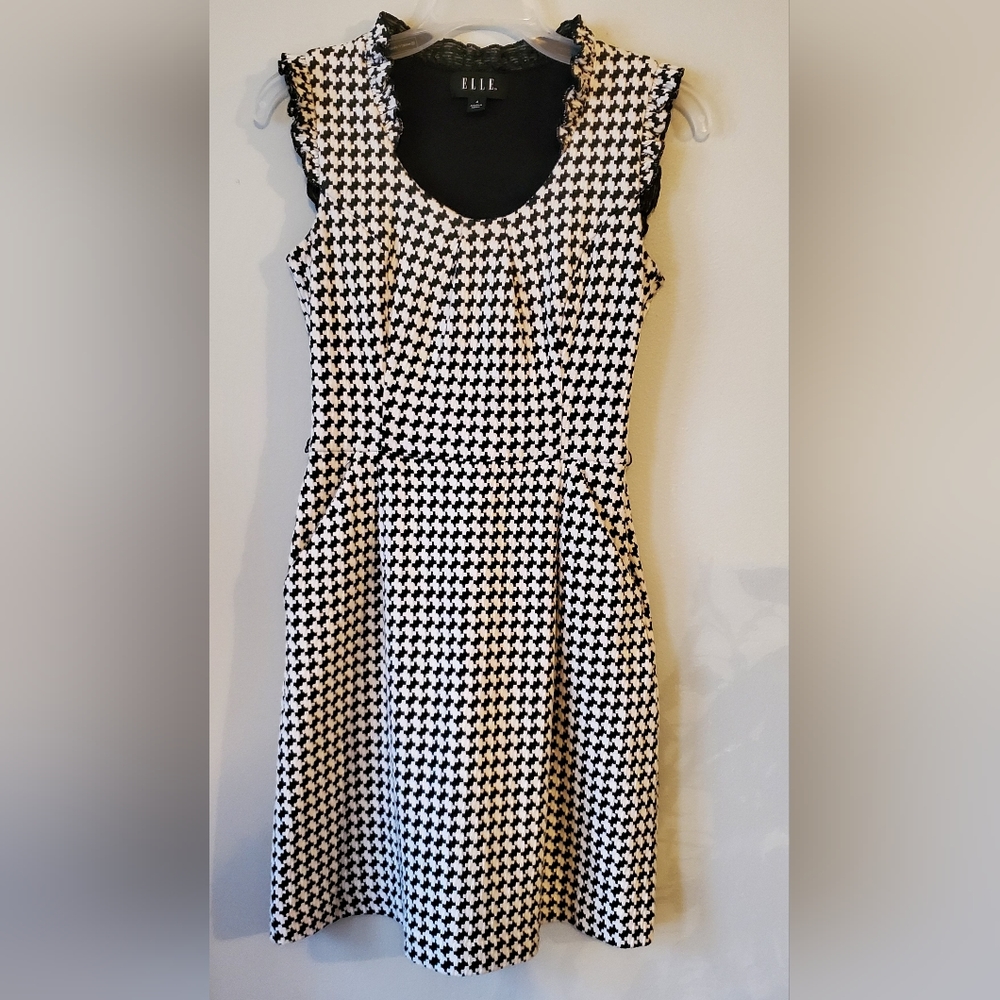 ELLE Black White Houndstooth Frill Sweater Dress Womens Size 4 - RN# 73277